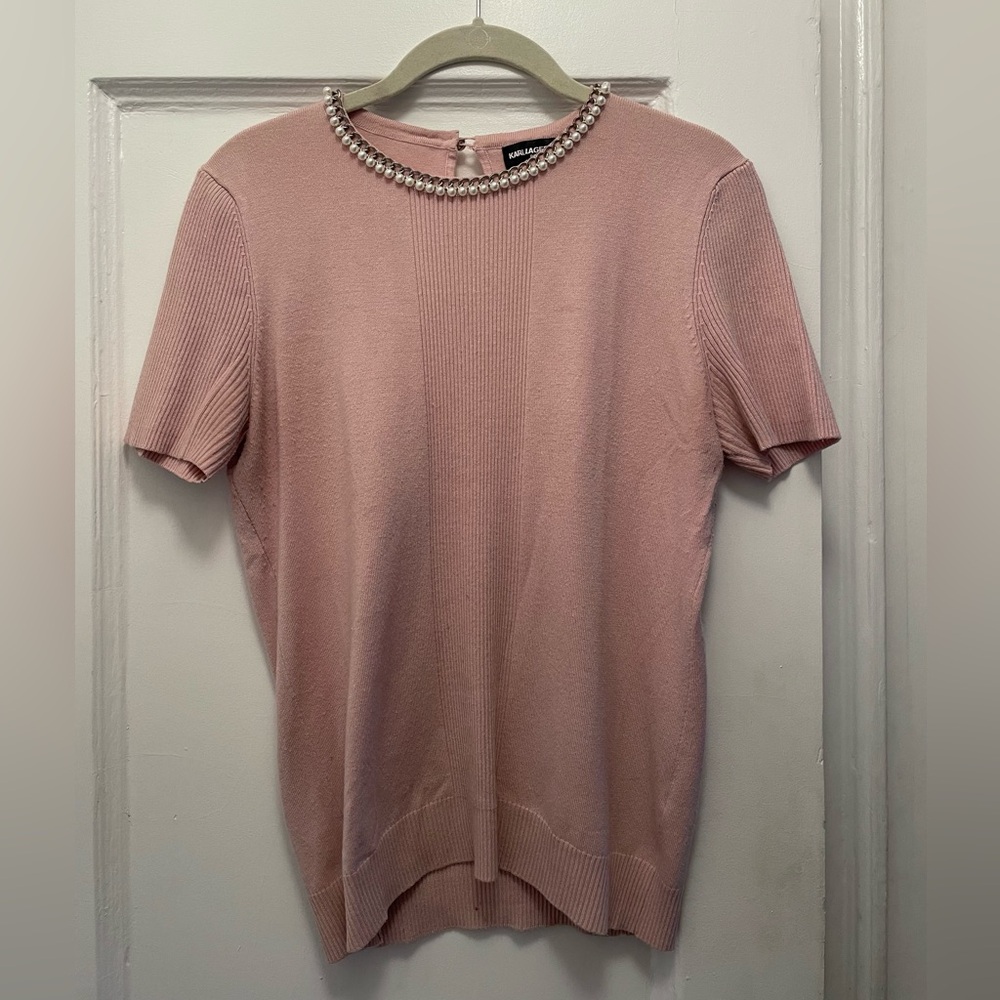 Karl Lagerfeld Paris Pearl Chain Embellished Sweater Top Blush Pink Small